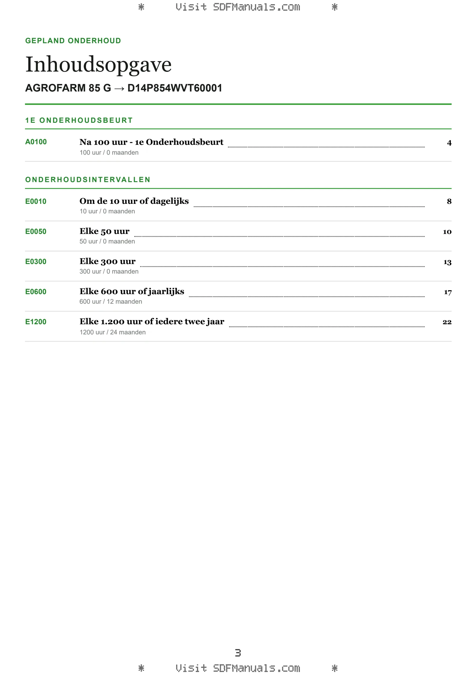 Gepland onderhoud: AGROFARM 85 G → D14P854WVT60001 – maintenance schedule sample