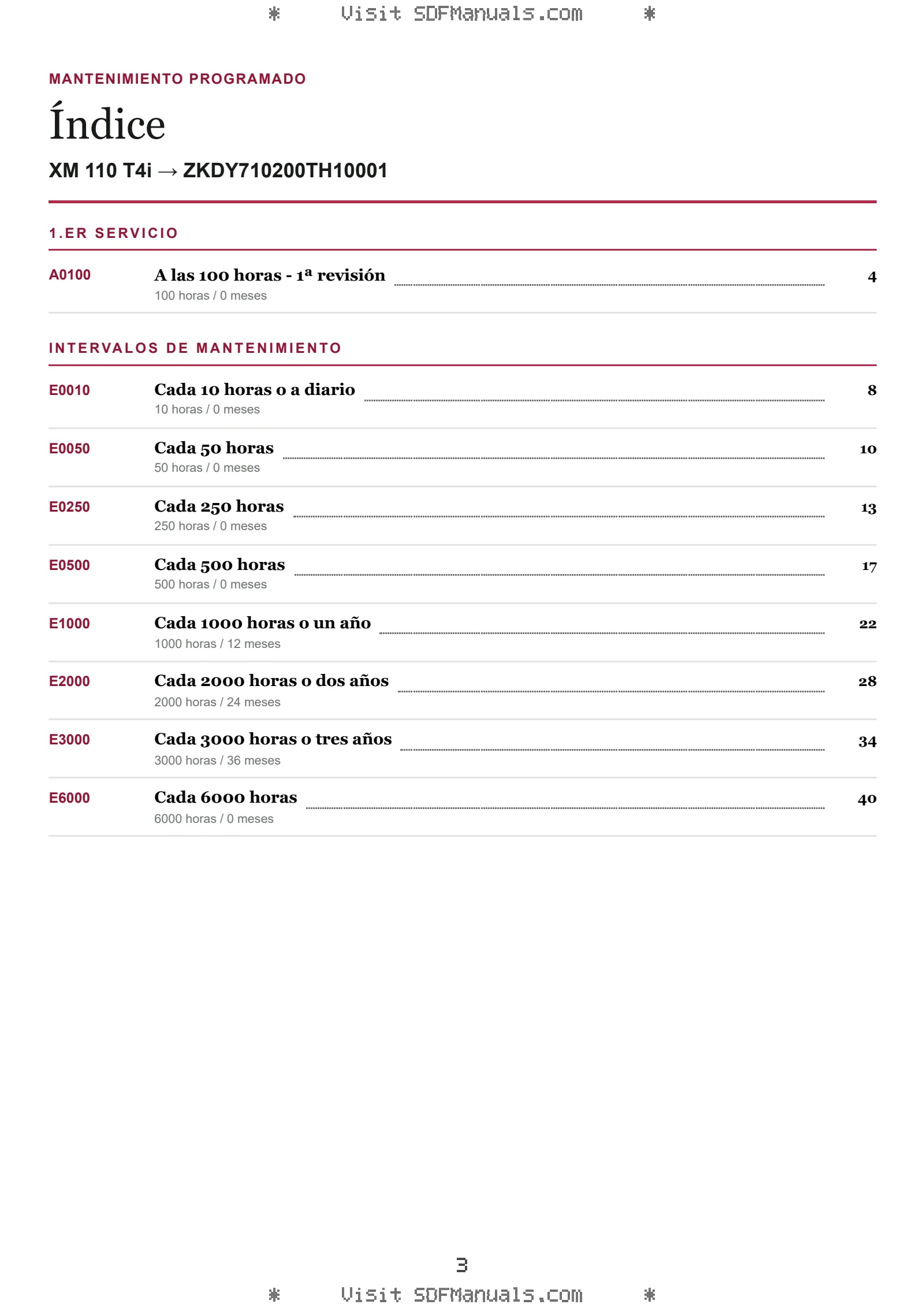 Mantenimiento programado: XM 110 T4i → ZKDY710200TH10001 – maintenance schedule sample