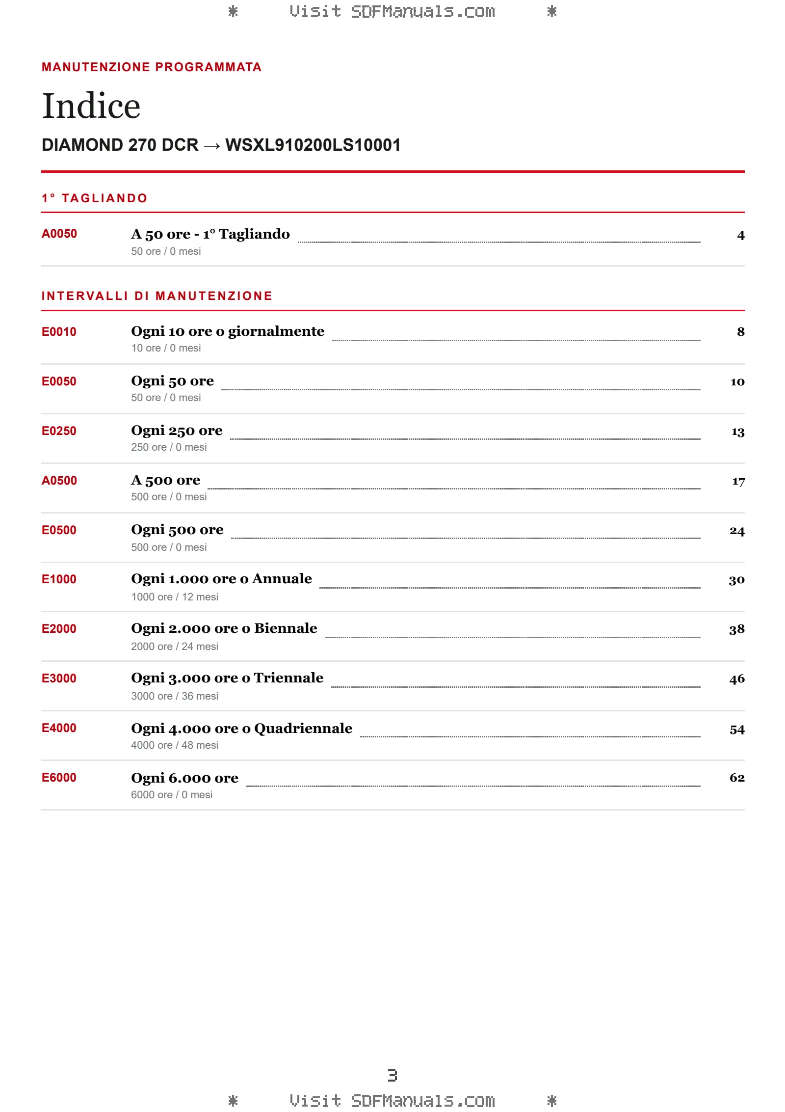 Manutenzione programmata: DIAMOND 270 DCR → WSXL910200LS10001 – maintenance schedule sample