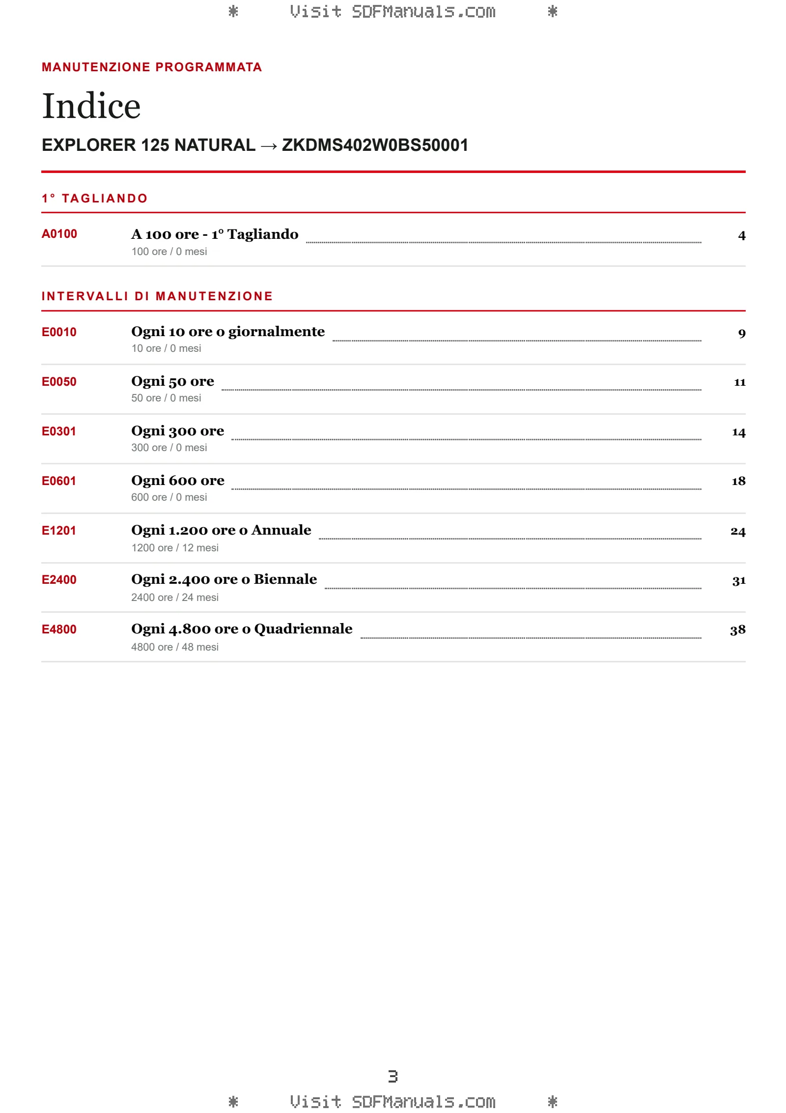 Manutenzione programmata: EXPLORER 125 NATURAL → ZKDMS402W0BS50001 – maintenance schedule sample